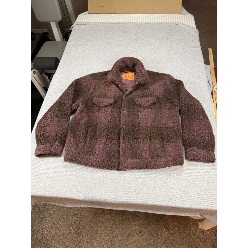 Levis Vintage Fit Sherpa Trucker Jacket Mens Large Purple Brown Plaid Fleece